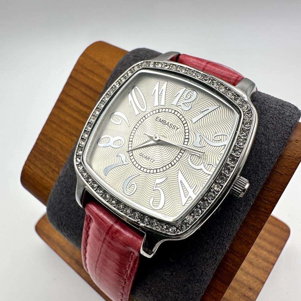 Embassy EM3306L Women's Pink Leather Quartz Watch Crystal Bezel